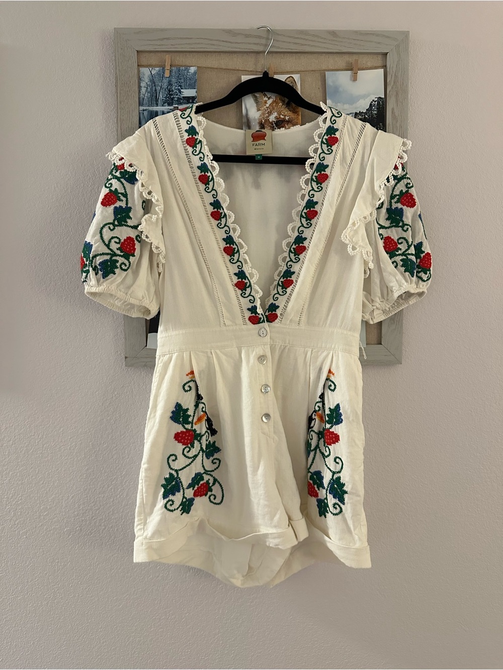 Farm Rio White Embroidered Toucan Strawberry Romper Size M